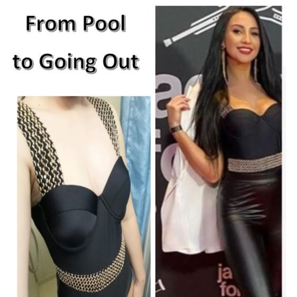 Sz L LUXURY One-Piece Black Bathing Suit Pushup Gold Detail Elegant - Picture 8 of 16